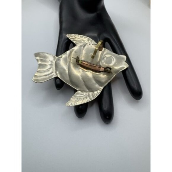 Vintage Pendant And Brooch Fish In Silver Tone Whit Copper And Brass Extra Large - Picture 3 of 7